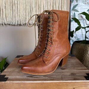 Jeffrey Campbell Boothe Brown Leather Embroidered Lace up Heeled Boots Size 8.5